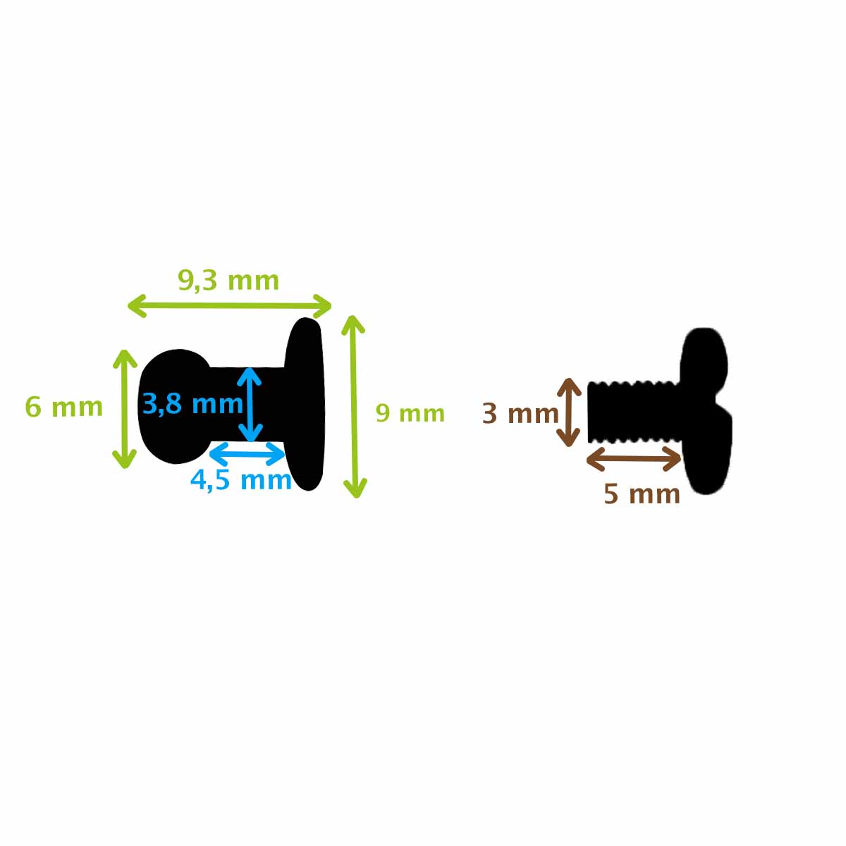 Lot de boutons de col à vis T4 avec vis 3x5mm, accessoires en métal de la marque Deco Cuir, visibles en détail.