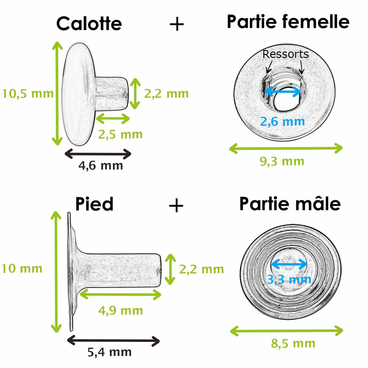 Boutons pression en laiton de 10,5 mm de diamètre, accessoires Deco Cuir, montrant leur schéma et leur finition brillante.