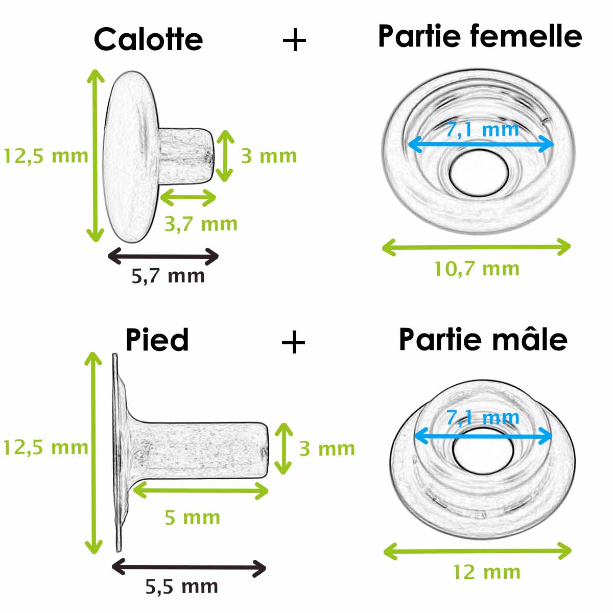 Lot de boutons pression FORT Osborne en laiton, 12,5 mm, accessoires pour couture et travaux manuels, visibles en image.