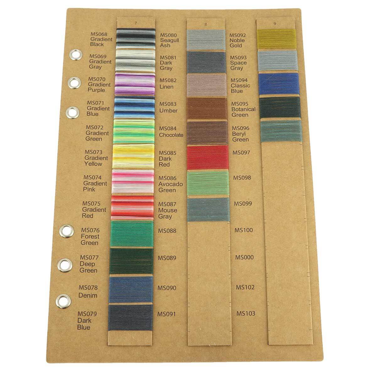 Nuancier de fils de lin ciré MeiSi, gamme super fine, présentant diverses couleurs dans un catalogue de mercerie.