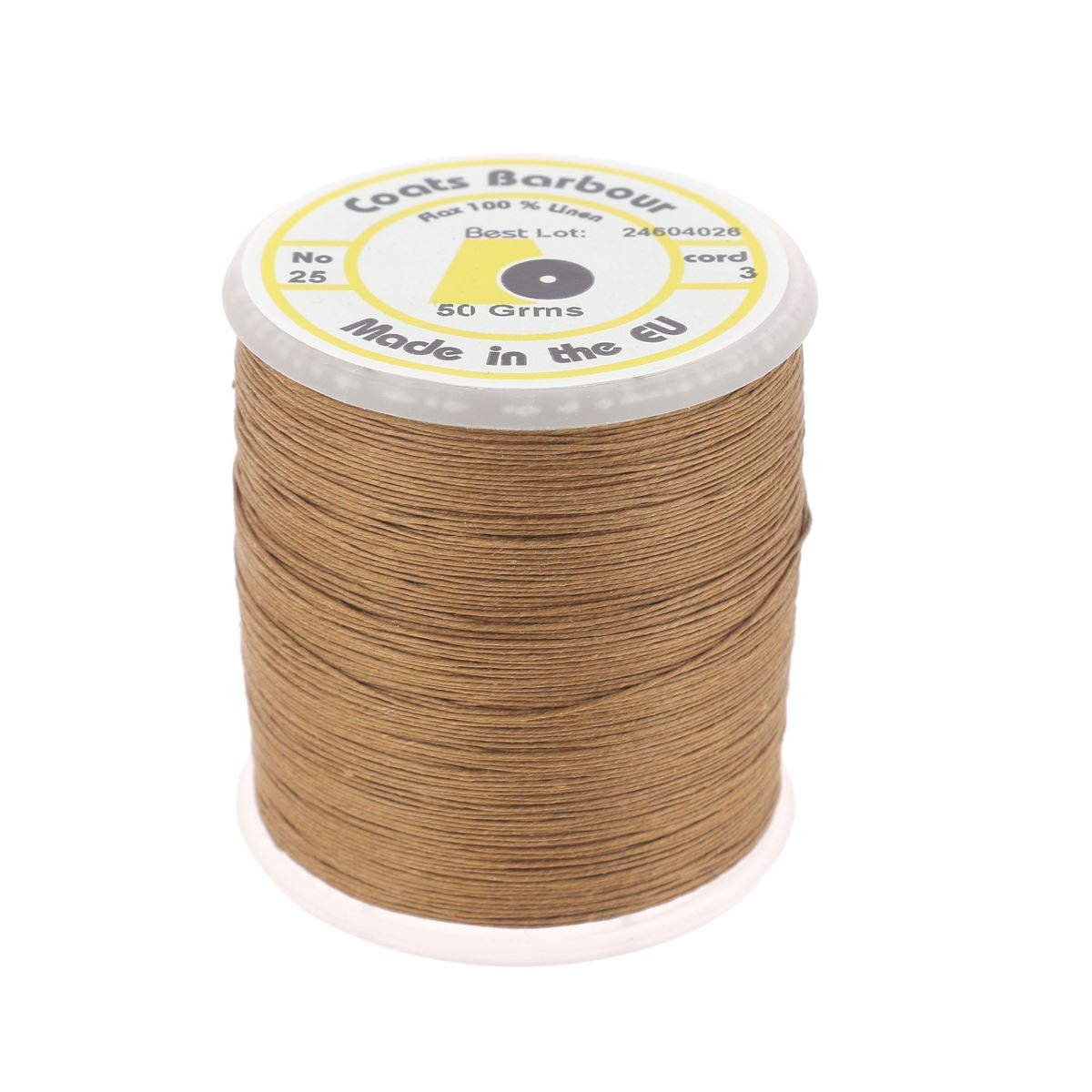 Bobine de 258m de fil de lin satiné Campbell's COATS BARBOUR 25/3 couleur caramel pour broderie et couture.