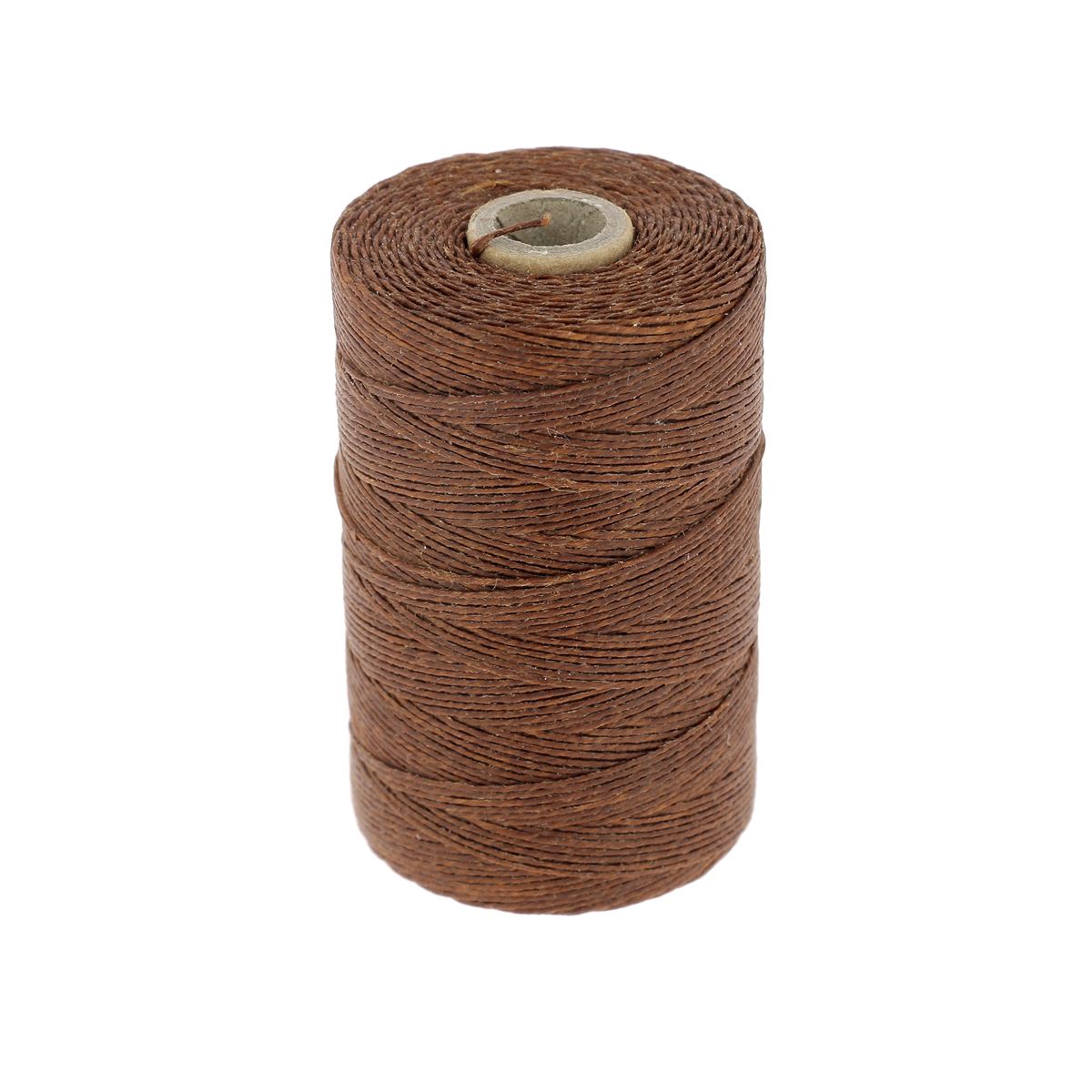 Bobine de fil de lin poissé marron noix, marque Campbell's, pour couture et mercerie, vue de près.
