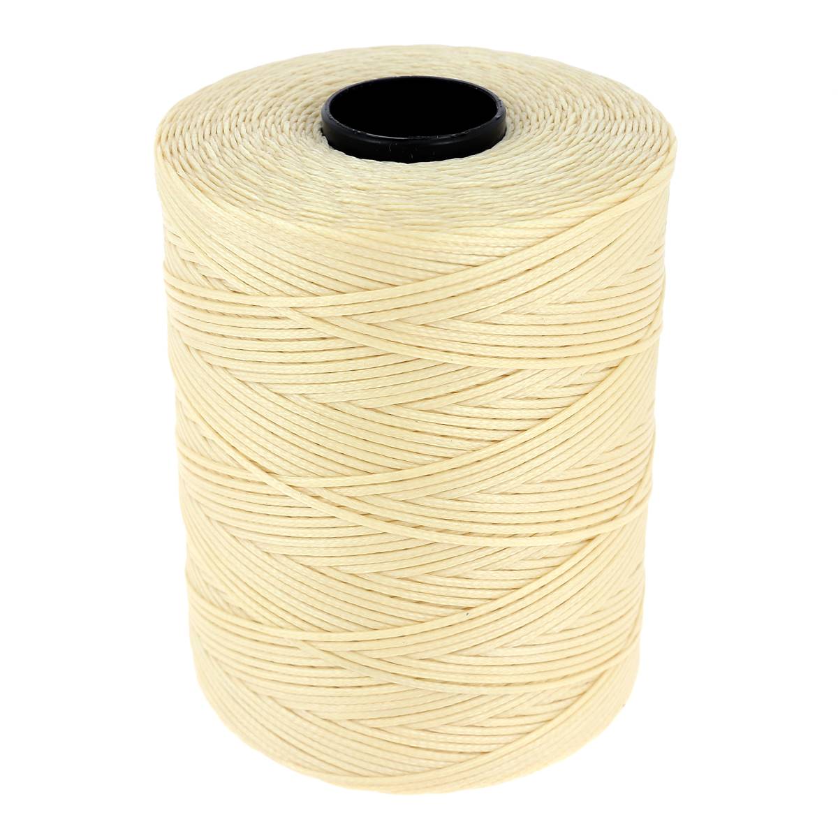 Bobine de 500m de fil polyester tressé et ciré beige, diamètre 1,2mm, pour travaux de mercerie.