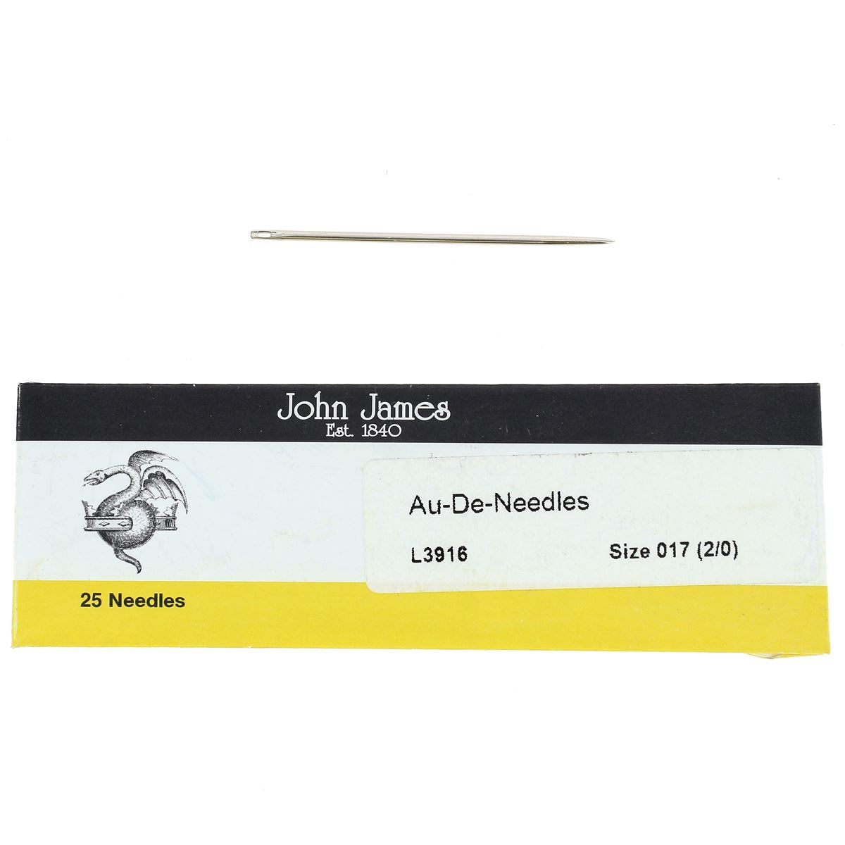 Lot de 25 aiguilles droites avec bout pointu, marque John James, idéal pour la couture et la mercerie.