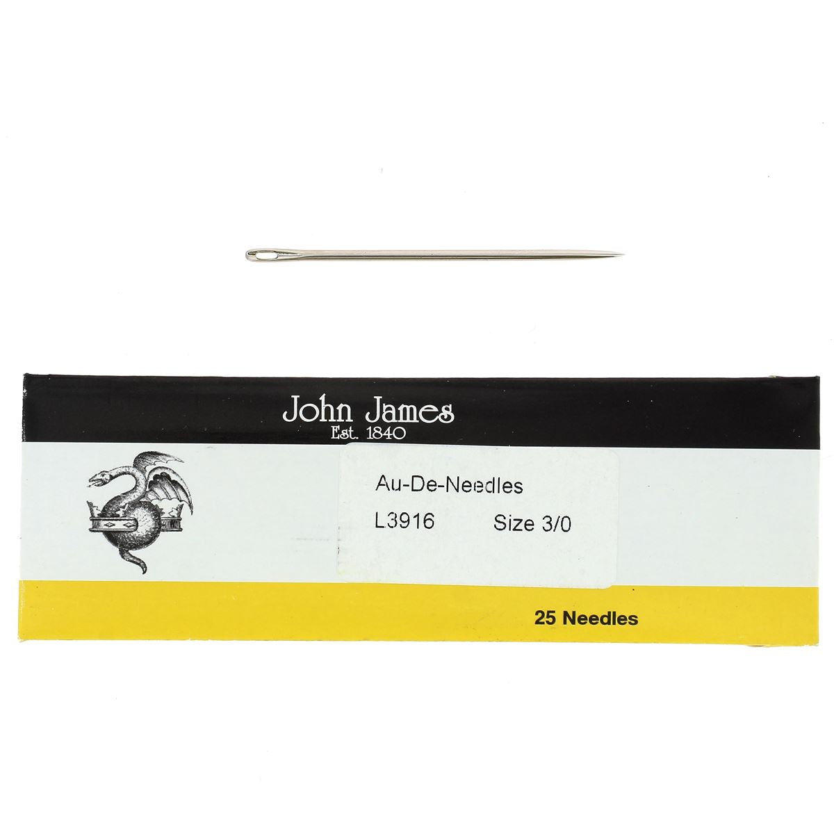 Ensemble de 25 aiguilles droites John James avec bout pointu, taille 3.0, pour couture et mercerie, visible en image.