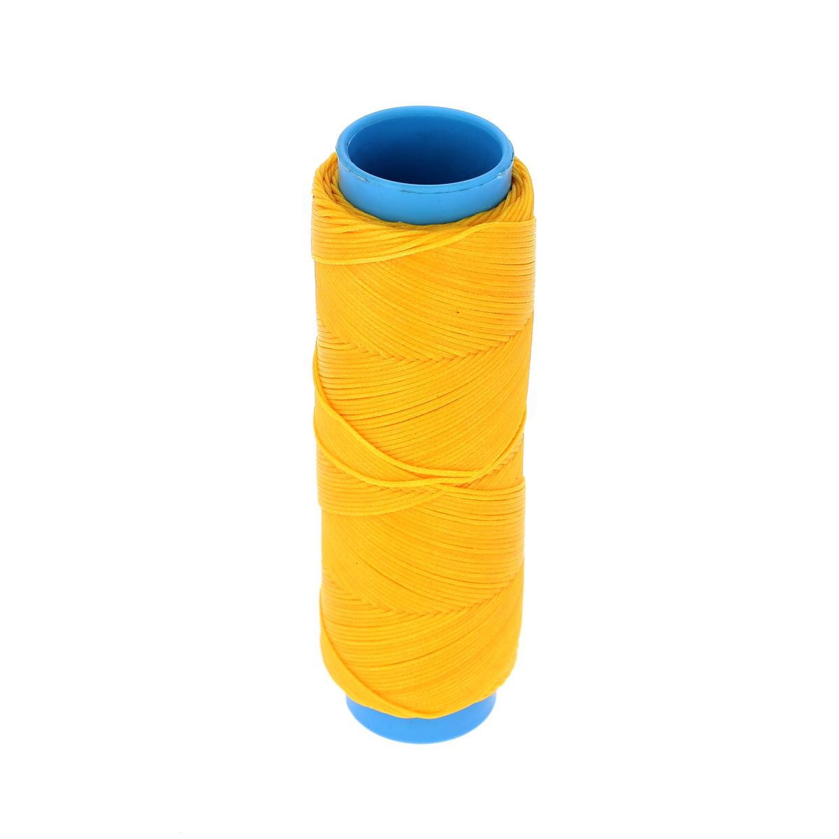 Bobine de 100m de fil polyester tressé et ciré jaune, diamètre 0,8mm, pour travaux de mercerie.
