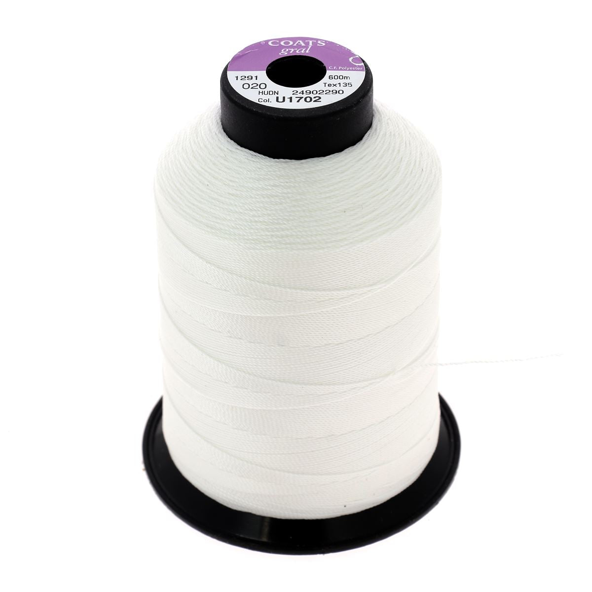 Bobine de fil polyester blanc Coats GRAL N°20, 600m, pour mercerie, vue de la bobine en gros plan.