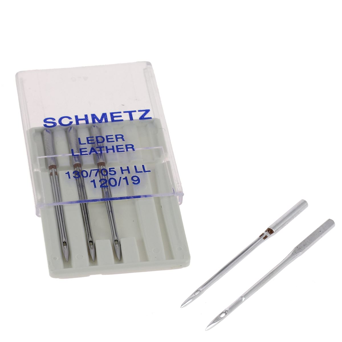 Lot de 5 aiguilles CUIR pour machine à coudre Schmetz, adapté à la mercerie, avec pointes robustes pour le cuir.