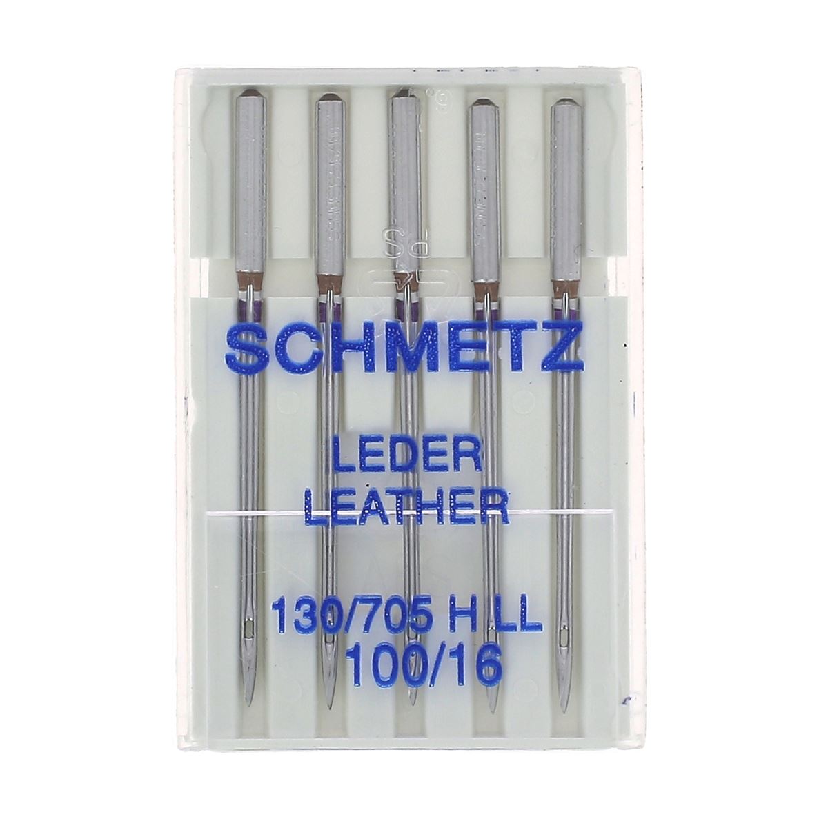 Lot de 5 aiguilles CUIR Schmetz pour machine à coudre, adaptées pour travailler le cuir avec précision et durabilité.