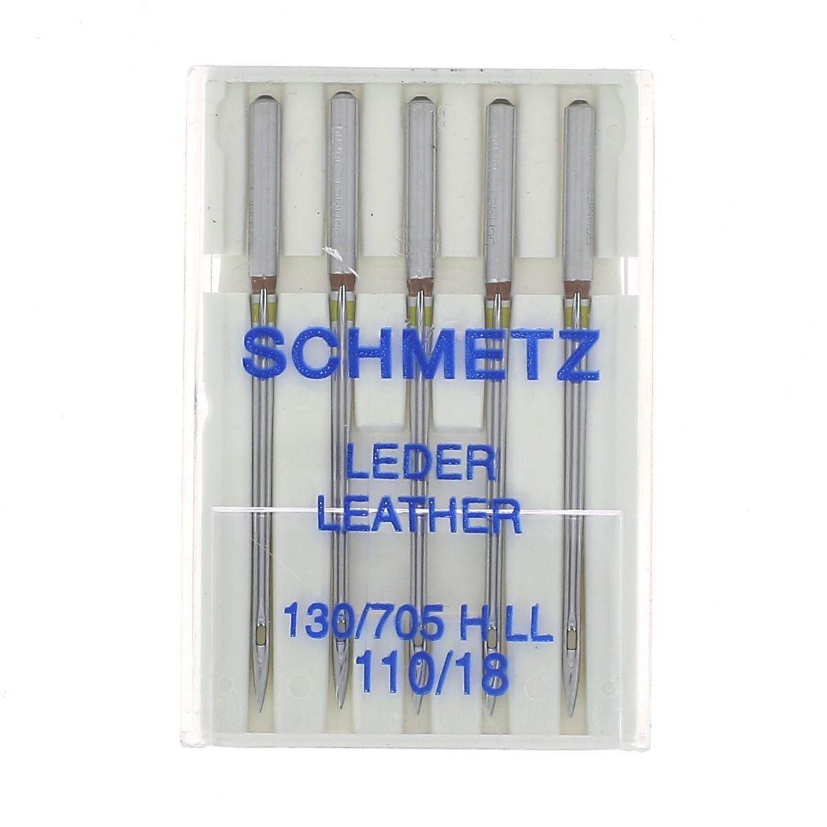Lot de 5 aiguilles CUIR Schmetz pour machine à coudre, mercerie, adaptées au travail du cuir et du tissu robuste.