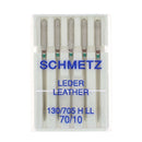 Lot de 5 aiguilles en CUIR Schmetz pour machine à coudre, adaptées à la mercerie, visibles dans l'image.