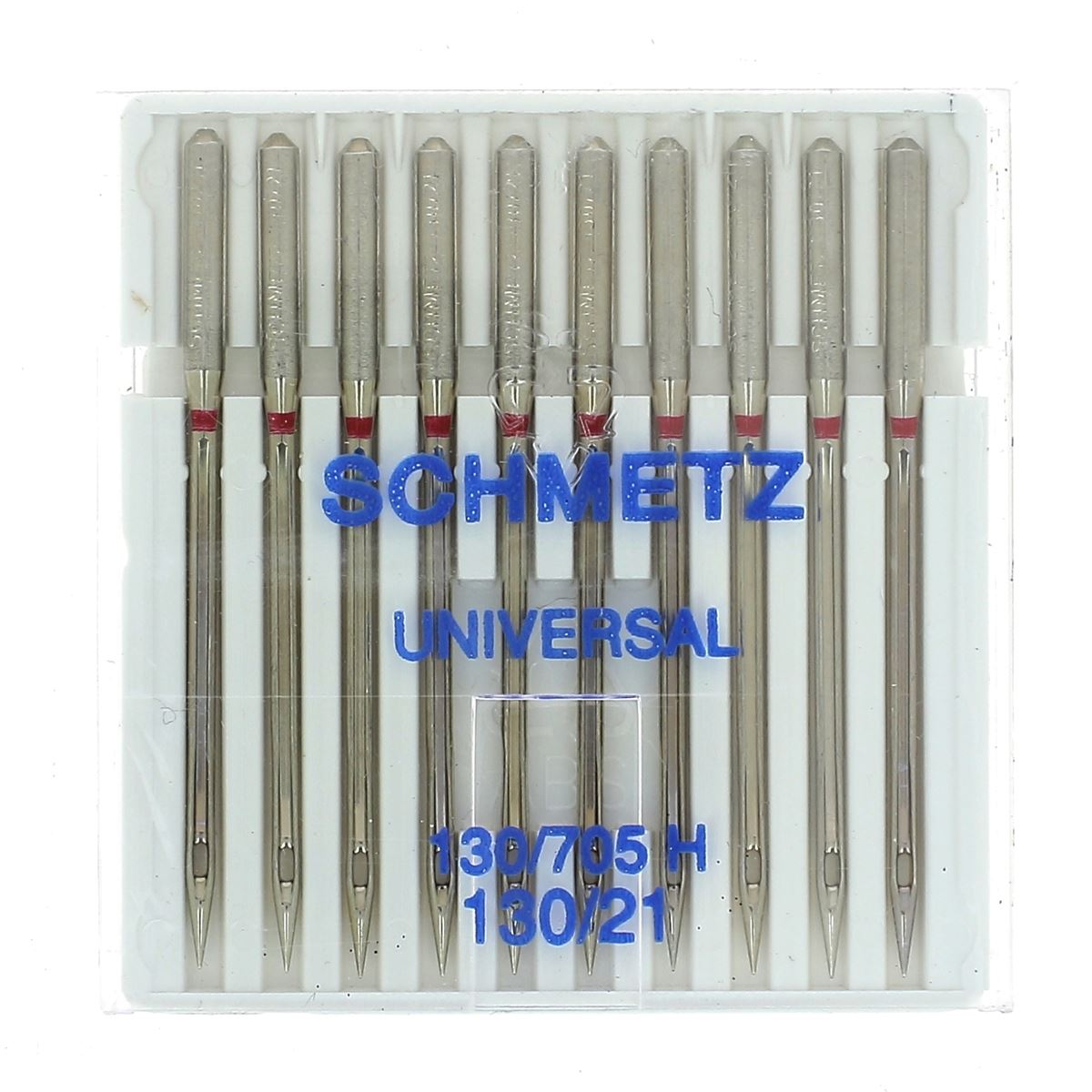 Ensemble de 10 aiguilles universelles pour machine à coudre Schmetz, conçues pour différents types de tissus.