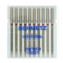 Ensemble de 10 aiguilles universelles pour machine à coudre Schmetz, conçues pour différents types de tissus.
