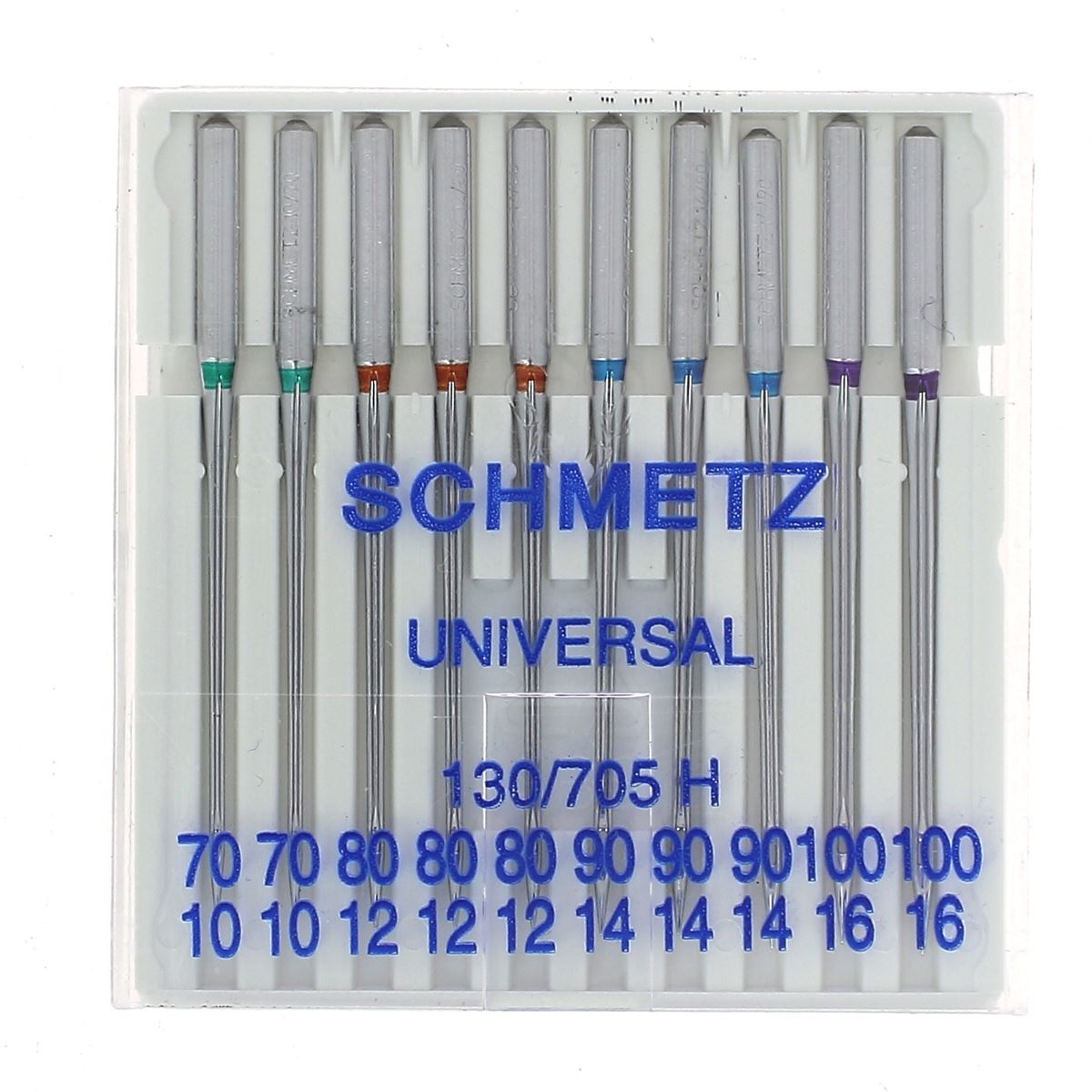 Lot de 10 aiguilles universelles Schmetz pour machine à coudre, assortiment n°70 à 100, en position dans un étui de mercerie.