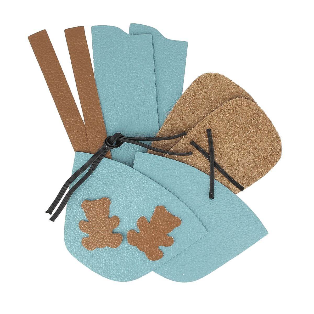 Kit de chaussons en cuir pour bébé avec ours, couleurs bleu pastel et fauve, incluant matériel DIY de la marque Deco Cuir.