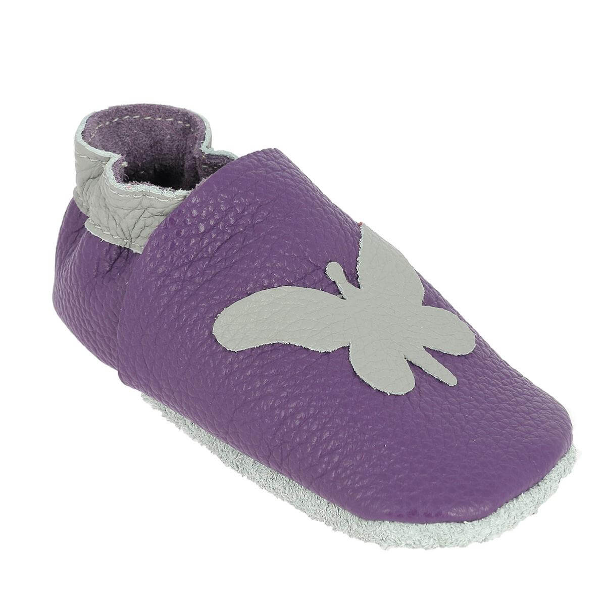 Kit de chaussons en cuir pour bébé avec motif papillon, couleurs violet et gris souris, créatif et doux, marque Deco Cuir