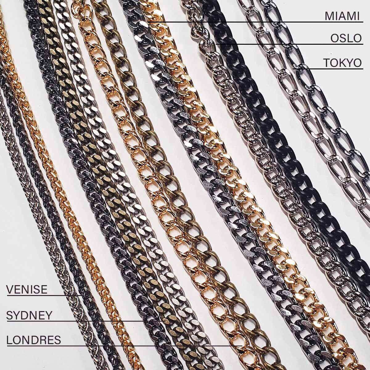 Chaîne de sac en métal Miami, accessoire de maroquinerie, vue en gros plan avec finition métallique brillante.