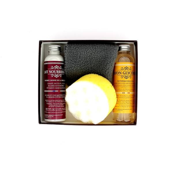 Coffret d'entretien pour cuir d'ameublement et sellerie Trimadel, comprenant des produits pour nettoyer et préserver le cuir.