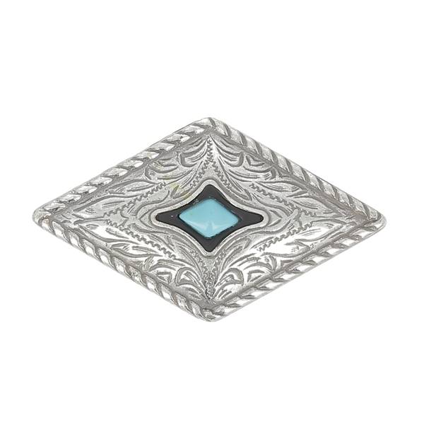 Concho à visser en forme de losange avec motif feuilles et turquoise, argent vieilli, accessoire bijou Ivan, 43 x 25 mm