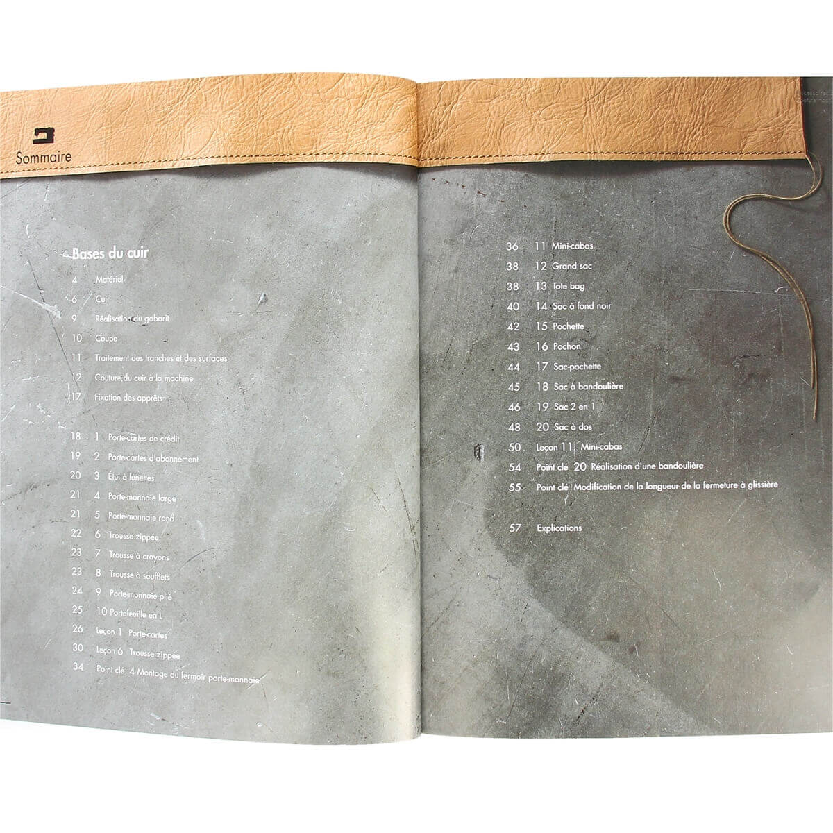 Livre "Accessoires & sacs en cuir" de Bag Artist School Repre, publié par Editions de Saxe, montrant des exemples de créations en cuir.