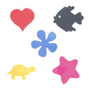 Lot de 5 découpes en cuir Deco Cuir avec formes poisson, tortue, fleur, étoile et cœur, finition vernie, couleurs variées.