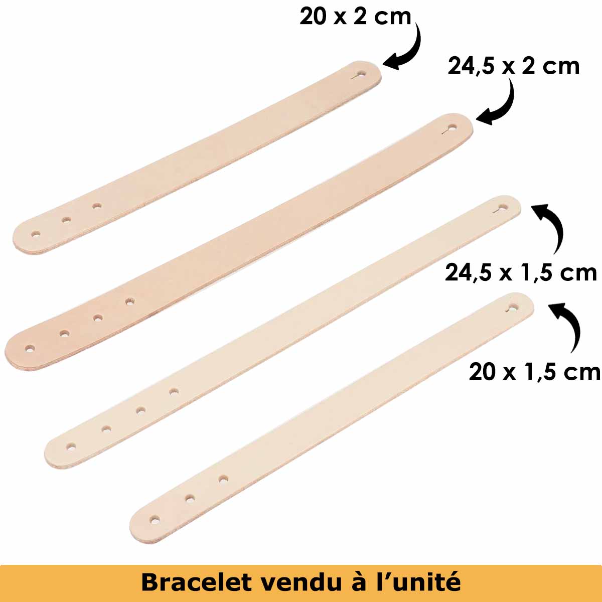 Découpe de cuir naturel pour bracelet personnalisé, taille adulte 24,5 x 2 cm, par Deco Cuir, vue de la pièce de cuir.