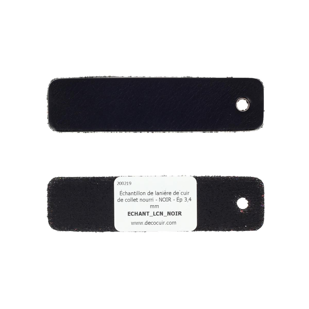 Échantillon de lanière de cuir noir nourri foulonné de Deco Cuir, zoom sur texture et finition du cuir.