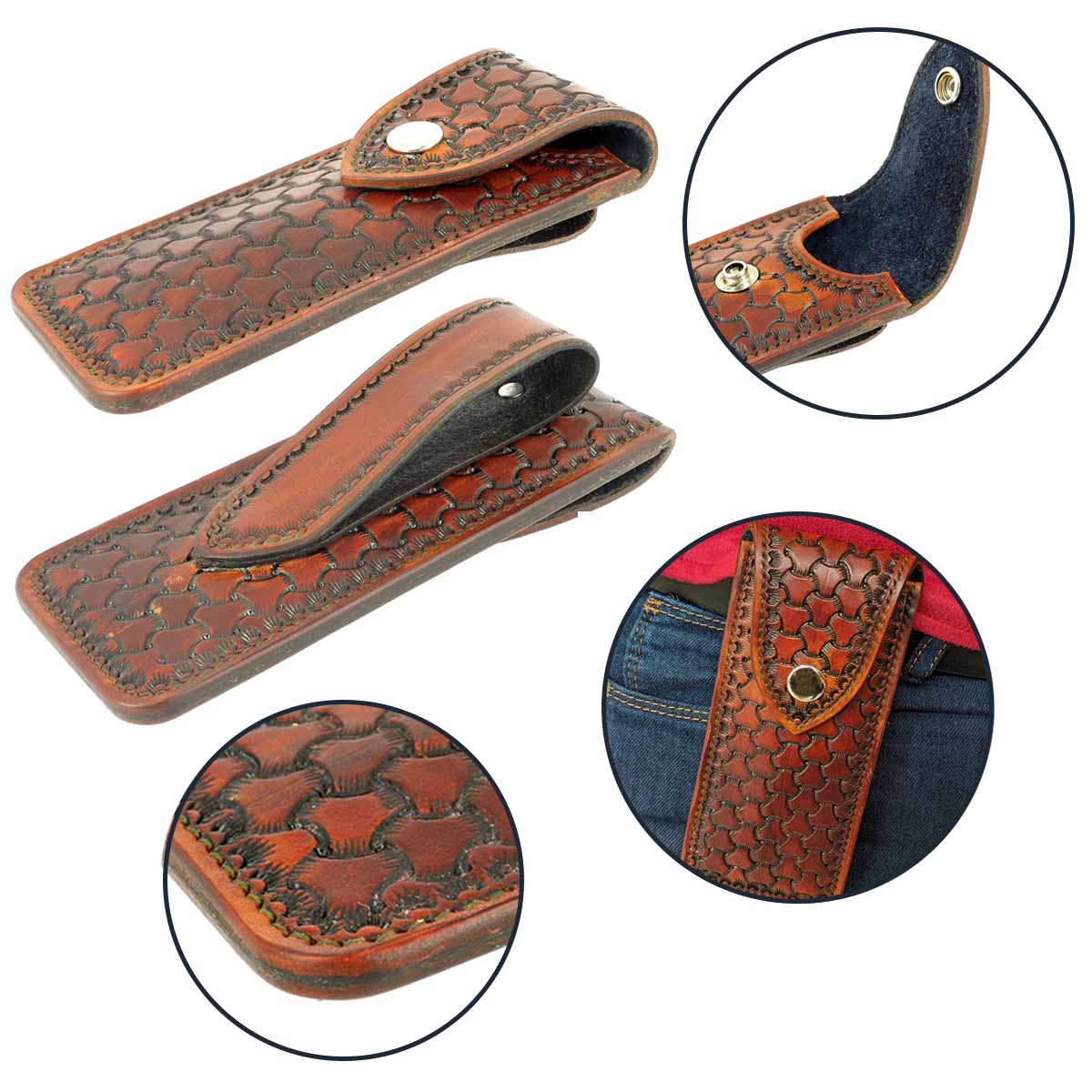 Exemple d'étui en cuir fabriqué lors de la formation avancée Deco Cuir pour couteau fixe ou pliant.