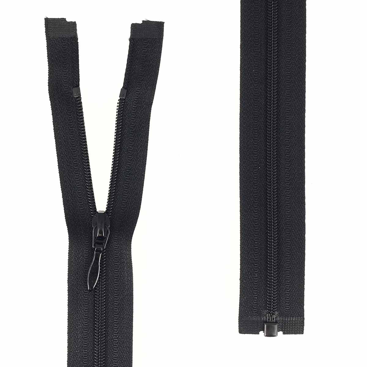 Fermeture à glissière séparables en nylon noir de 4 mm, mercerie Autres, avec curseur et dents visibles.