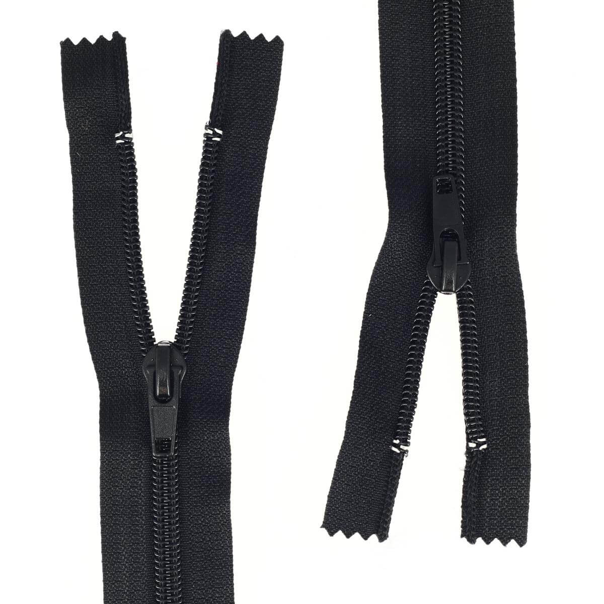 Fermeture à glissière double curseur en nylon 6mm noir, pour mercerie, visible avec curseurs et dents en nylon.
