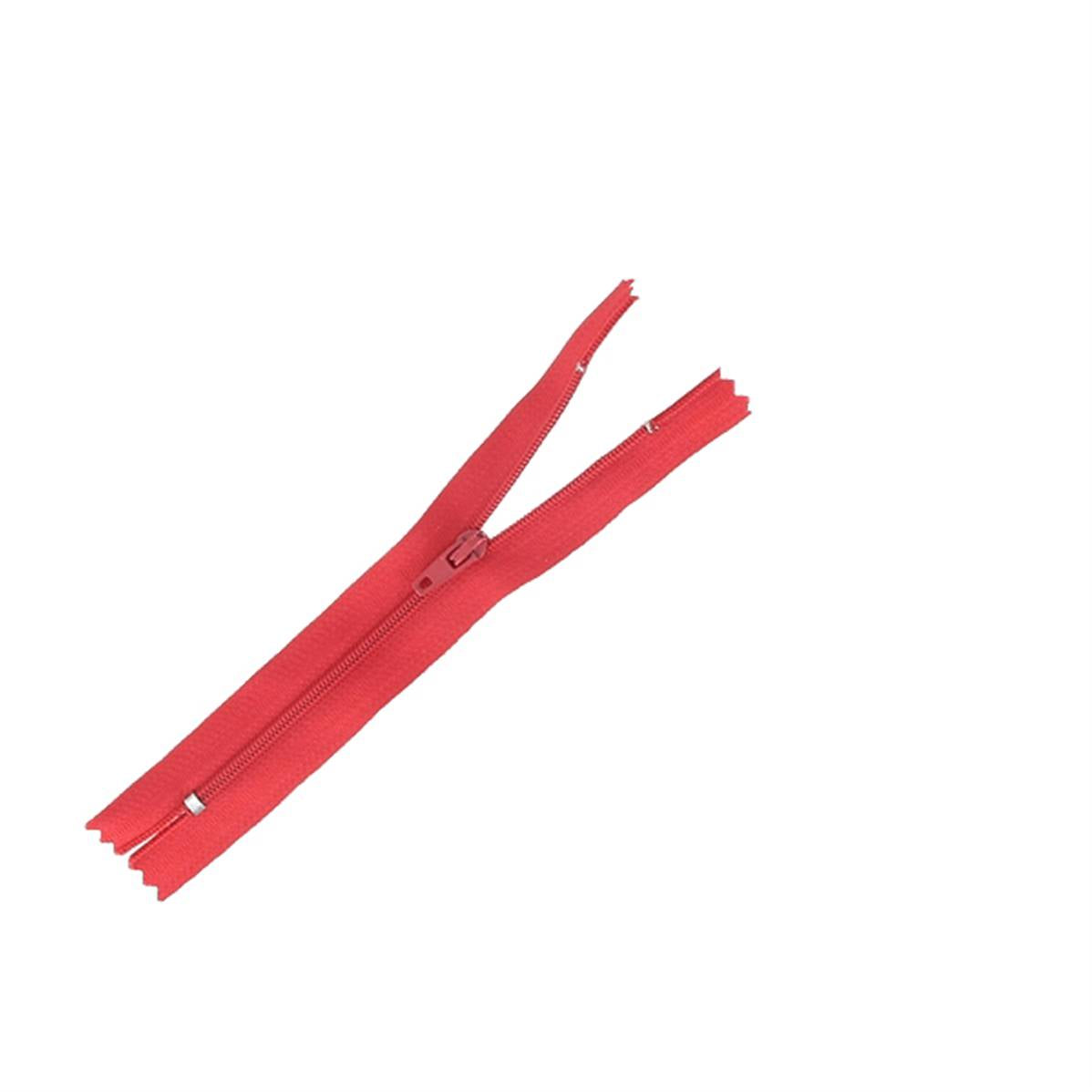 Fermeture à glissière en nylon rouge de 4 mm, longueur 14 cm, pour mercerie, visible avec curseur et dents en nylon.