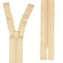 Fermeture à glissière en plastique beige de 20 cm, 6 mm, pour couture et mercerie, vue de côté sur fond blanc.