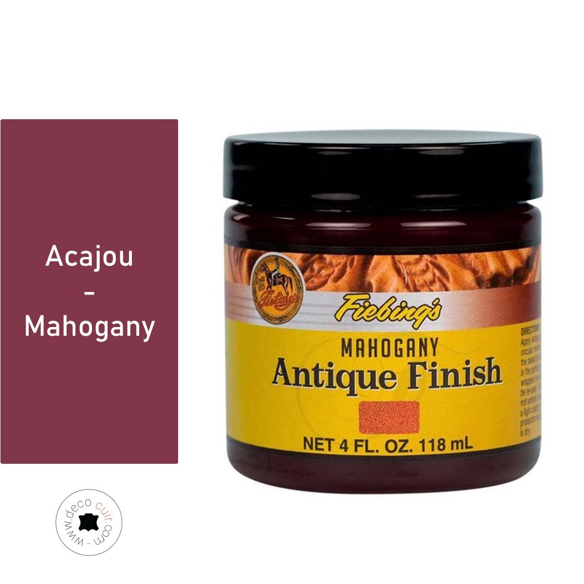 Patine pour cuir Fiebing's Antique finish 118ml en teinte acajou ou mahogany, appliquée sur un cuir brun foncé.
