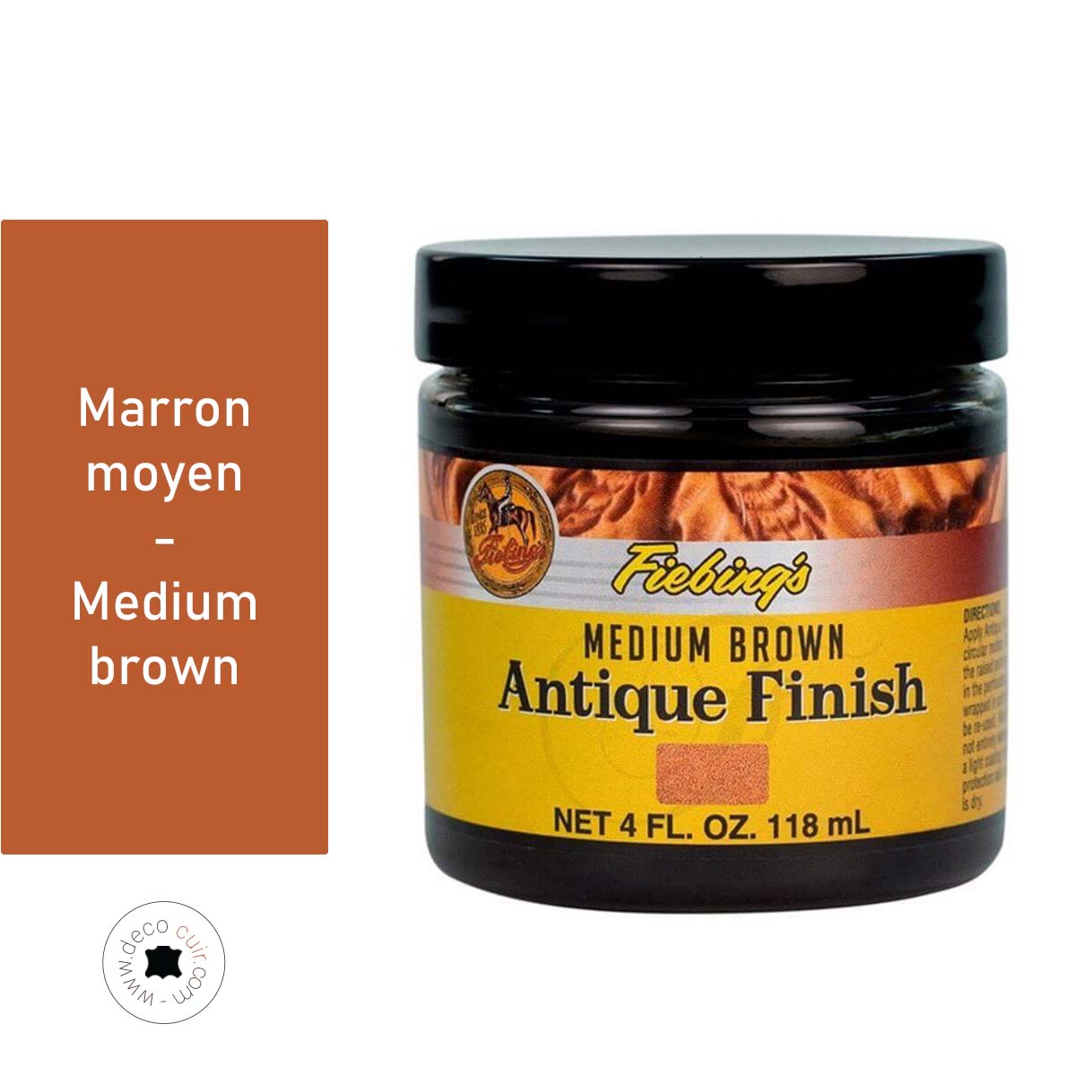 Patine pour cuir Fiebing's Antique finish, 118ml, couleur marron moyen, teinture et peinture pour cuir naturel.
