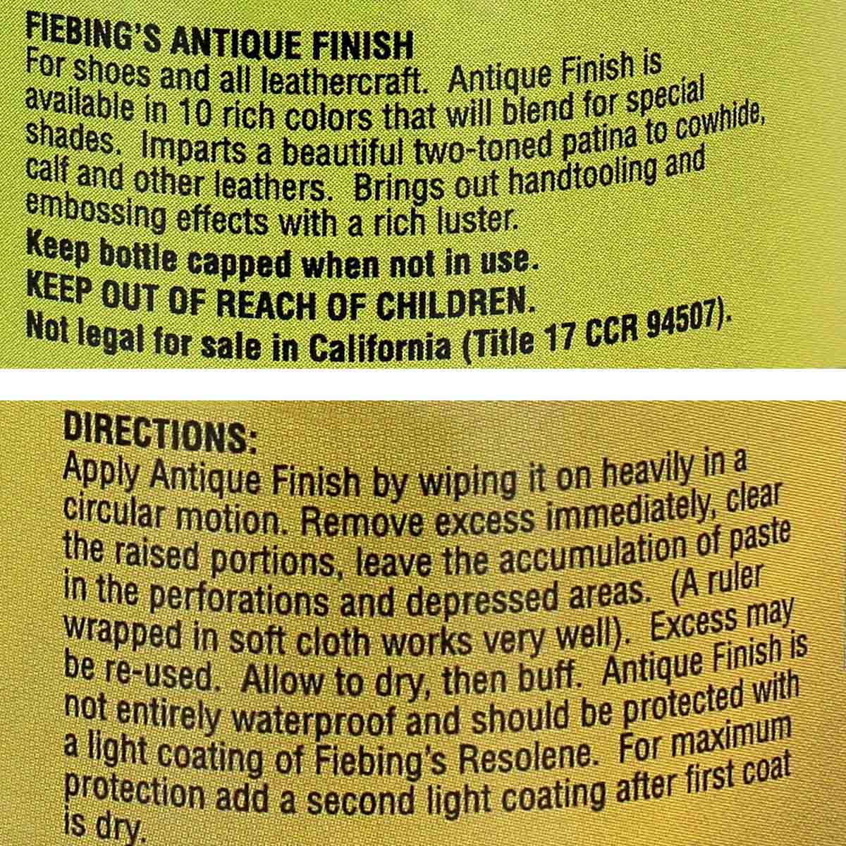 Patine pour cuir Fiebing's Antique finish neutre 118ml, teintures et peintures, bouteille avec étiquette, application sur cuir.