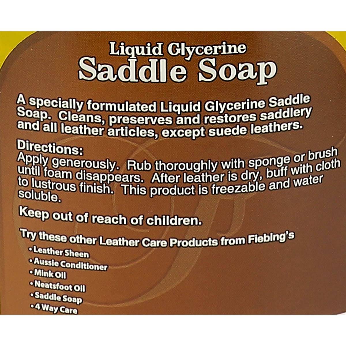 Spray de savon glycériné Fiebing's Saddle Soap pour l’entretien du cuir, flacon de 473 ml, nettoie et nourrit le cuir.