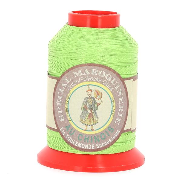 Bobine de fil polyester coton vert clair pour maroquinerie, marque Fil au Chinois, 28/2, 0,38 mm, mercerie.