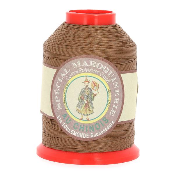Fil au Chinois, bobine de 500m de fil polyester coton spécial maroquinerie, marron clair, 28/4, 0,52mm, pour couture et maroquinerie