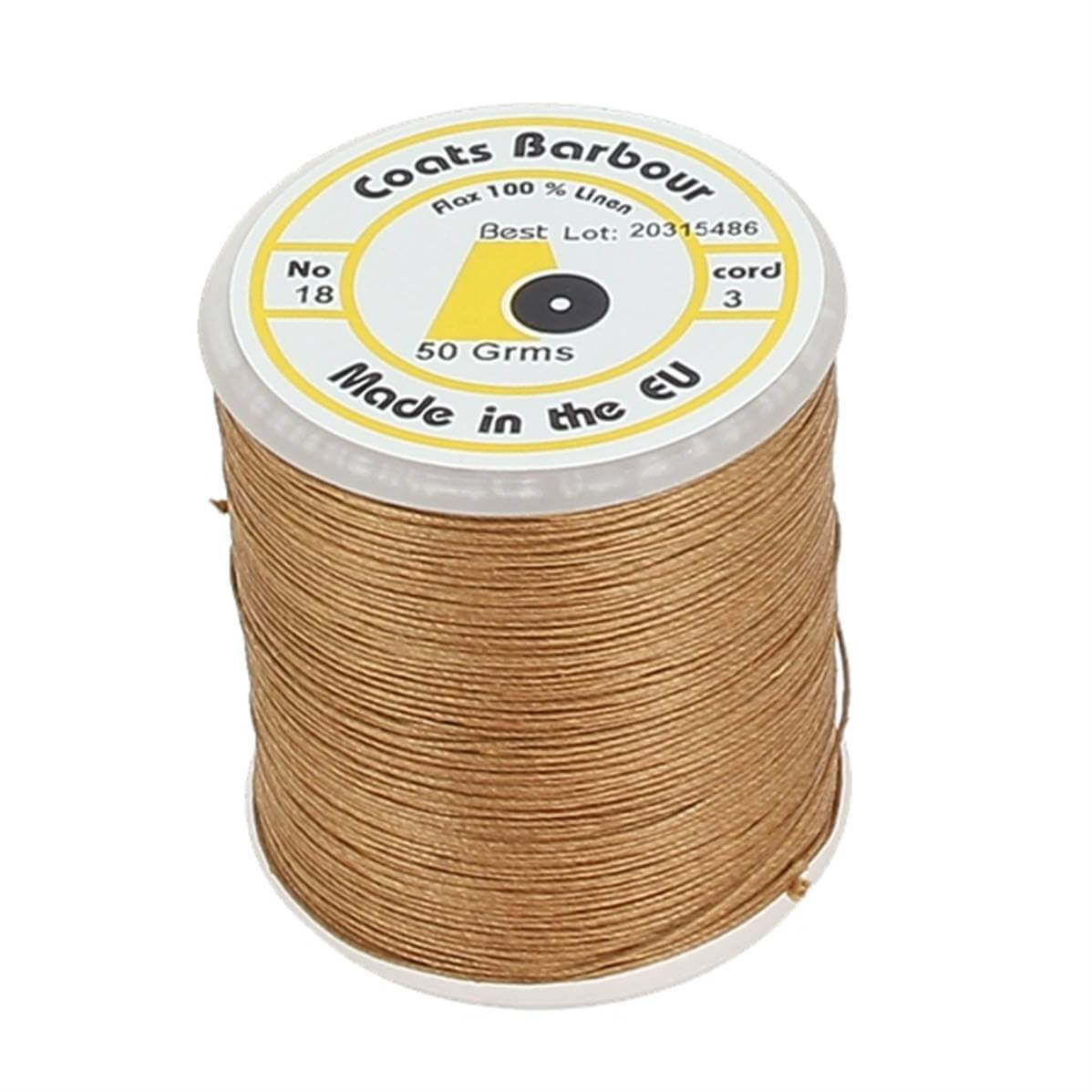 Bobine de fil de lin satiné Campbell's Barbour 18/3 couleur caramel, mercerie pour couture et broderie, vue de face.