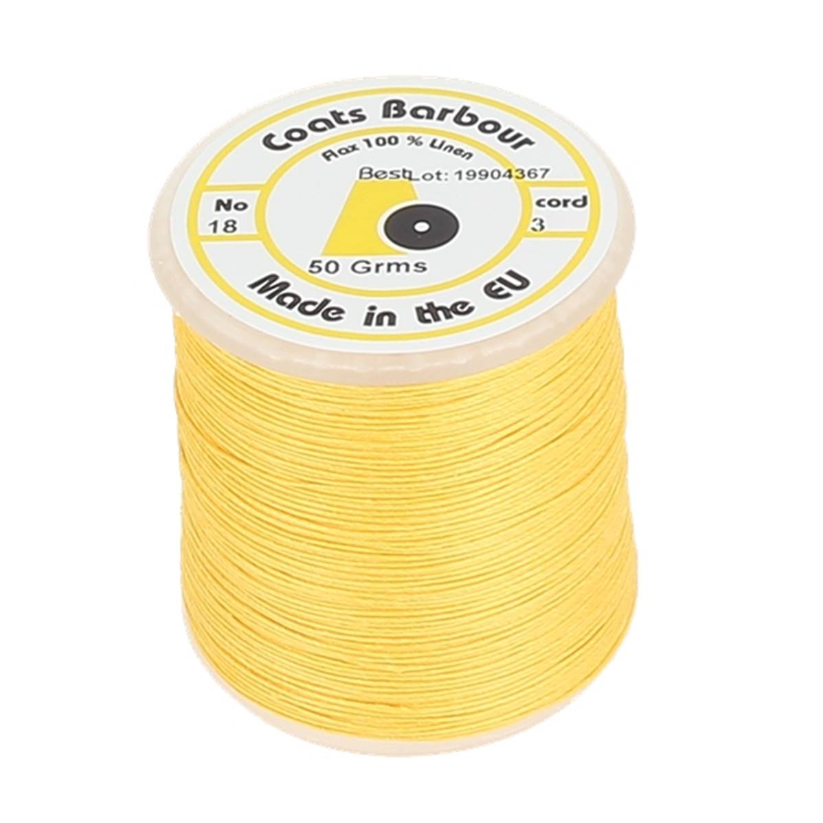 Bobine de fil de lin satiné Campbell's Barbour 18/3, mercerie, couleur jaune, vue en gros plan sur le fil.
