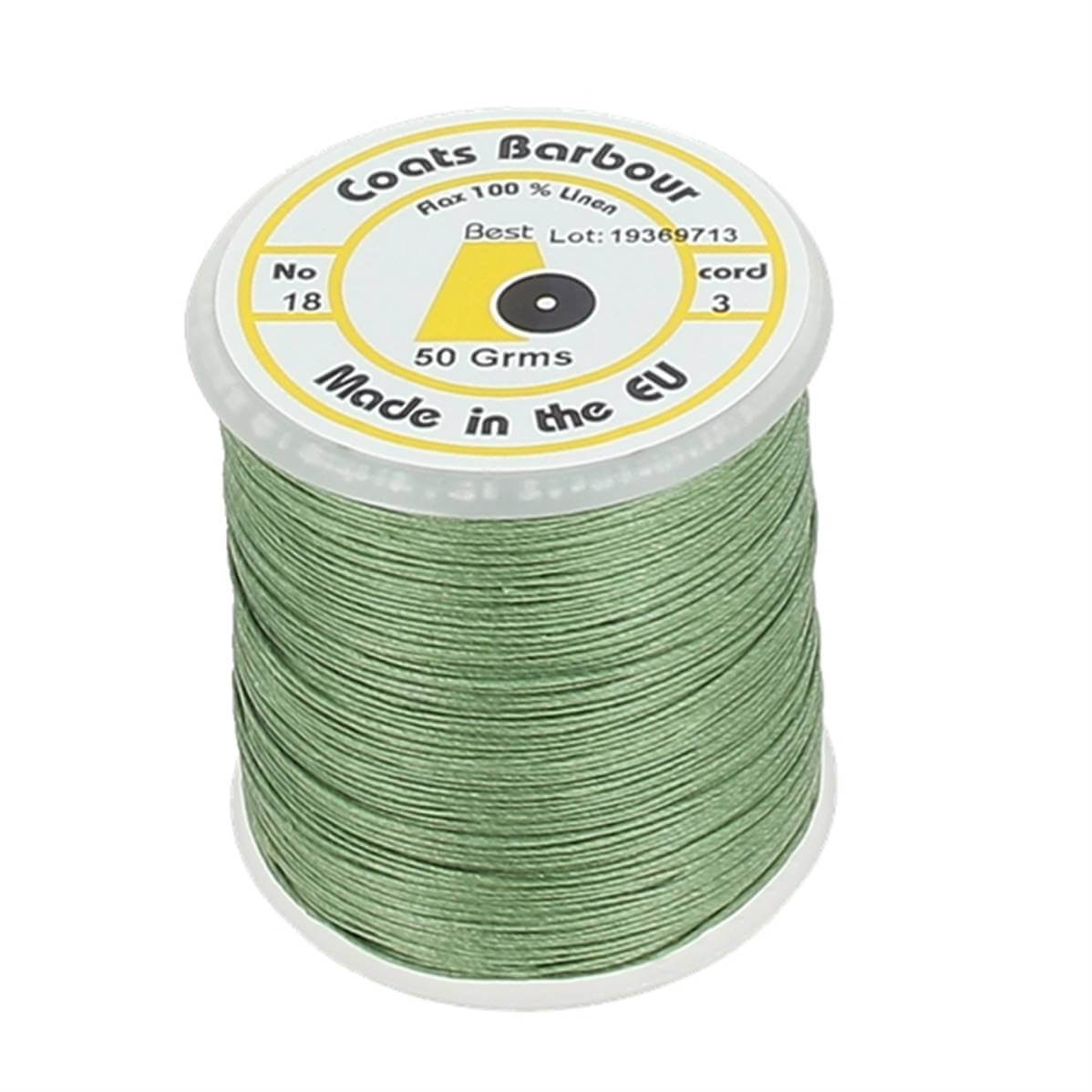 Bobine de fil de lin satiné Campbell's Barbour 18/3 vert, mercerie pour couture et broderie, visible en image.