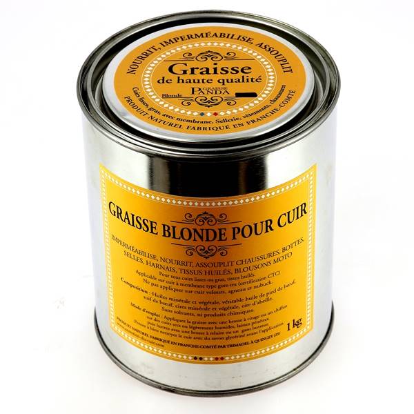 Graisse Panda pour nourrir et protéger le cuir, en format 1L, créée par Trimadel, visible en pot blond dans l'image.