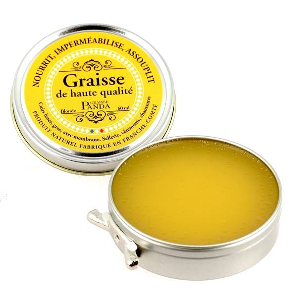 Graisser et protéger le cuir avec la graisse Panda pour nourrir le cuir, 60 ml, de la marque Trimadel, en pot ouvert.
