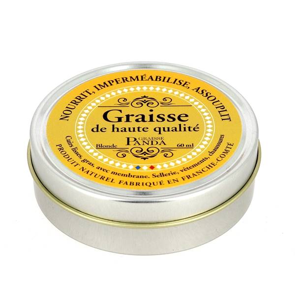 Graisse Panda Trimadel pour nourrir et protéger le cuir, contenant 60 ml, application sur cuir clair.