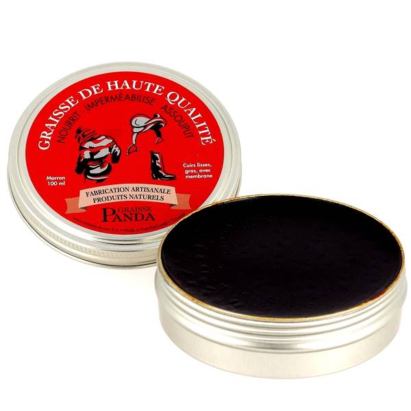 Graisse Panda marron pour nourrir et protéger le cuir, contenant 100 ml, de marque Trimadel, en pot ouvert.