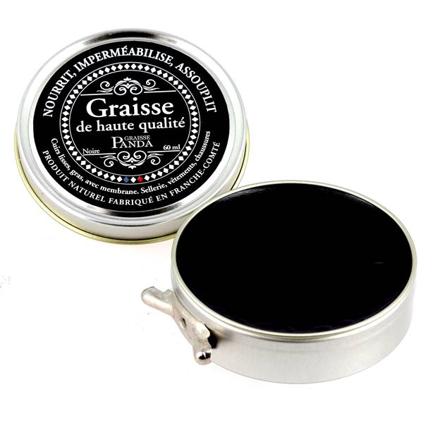 Graisse Panda noire de 60 ml pour nourrir et protéger le cuir, en pot ouvert, marque Trimadel, entretien du cuir