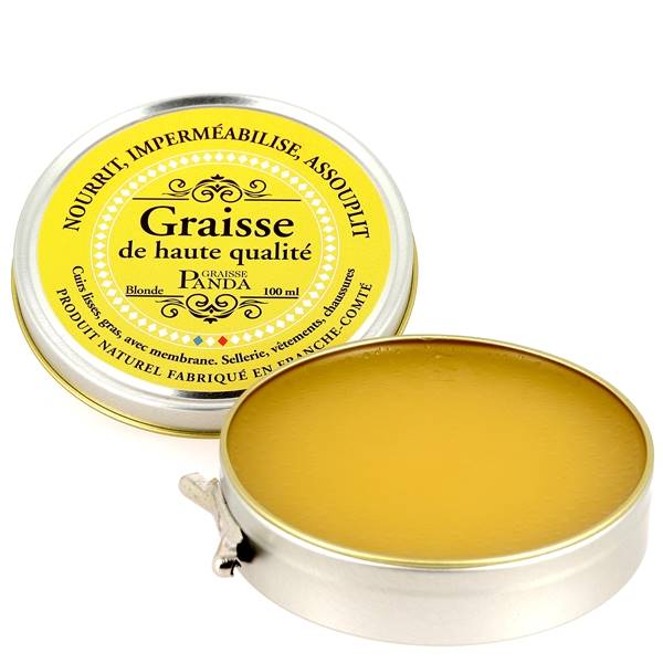 Graisse Panda blonde de 100 ml de Trimadel pour nourrir et protéger le cuir, visible dans le flacon avec étiquette.