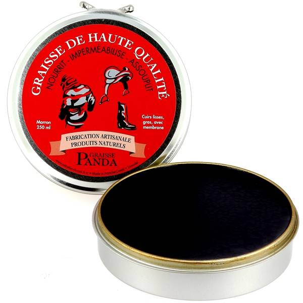 Graisse Panda Marron pour nourrir et protéger le cuir, 250 ml, marque Trimadel, en pot ouvert.