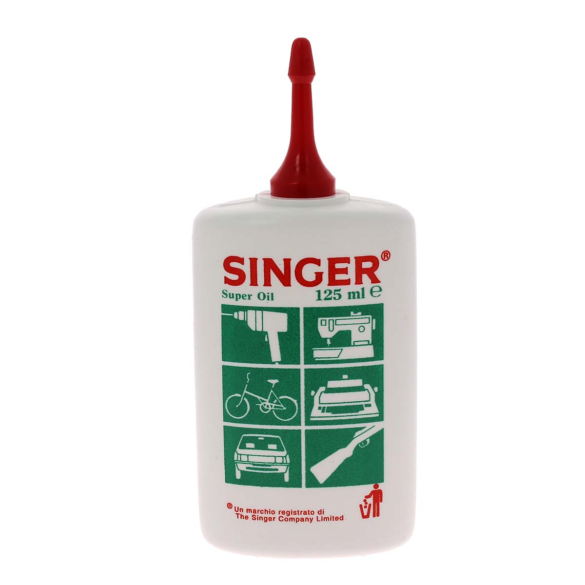 Huile fine tout usage SINGER de 125 ml, flacon en plastique, idéale pour la couture et la mercerie, visible sur l'image.