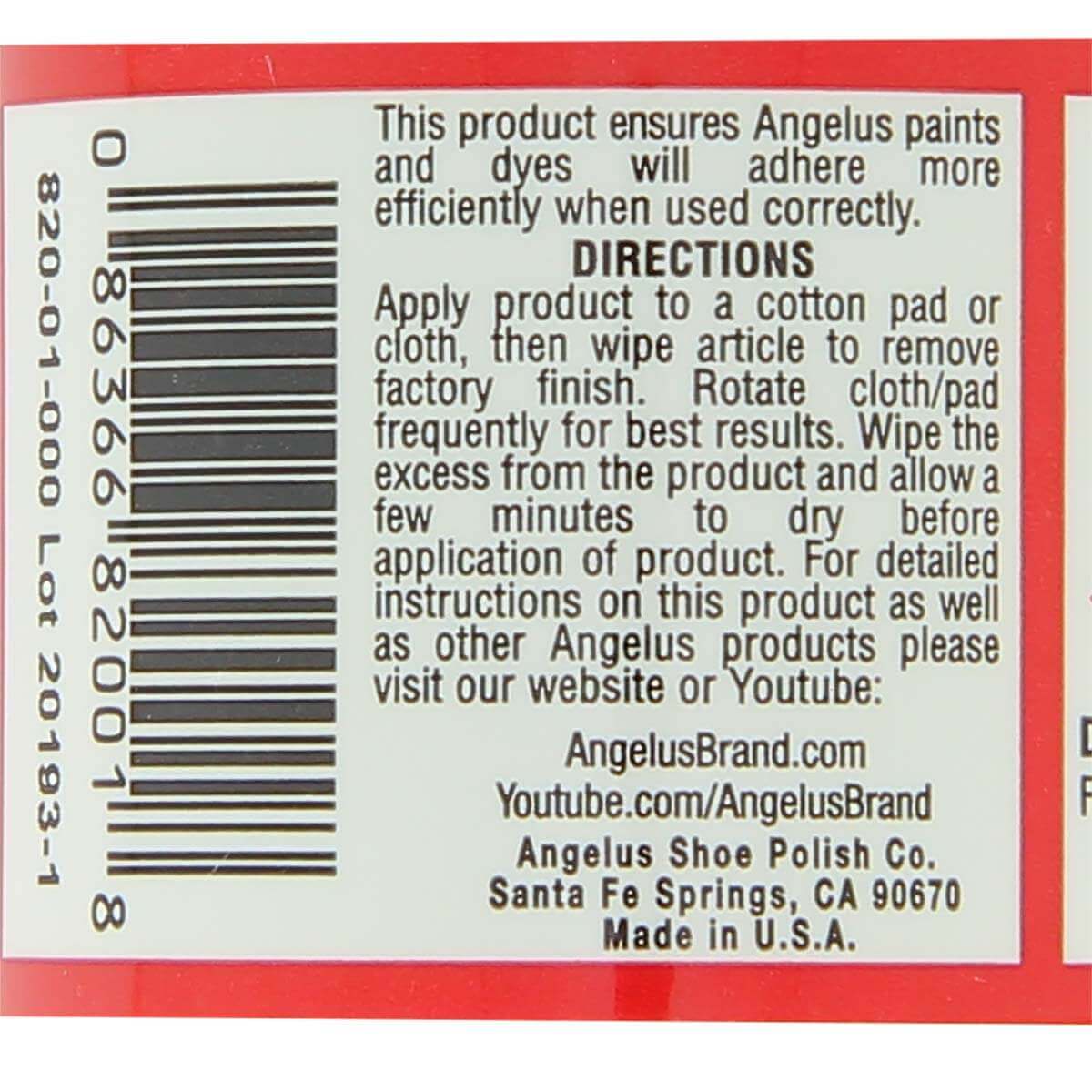 Préparateur et décapant Angelus pour peinture, flacon avec étiquette, utilisé pour préparer surfaces avant peinture.